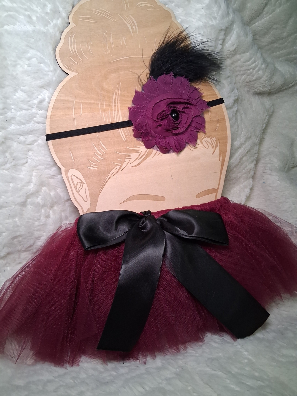 Girls Burgundy Flower Feather Headband With Tulle Skirt